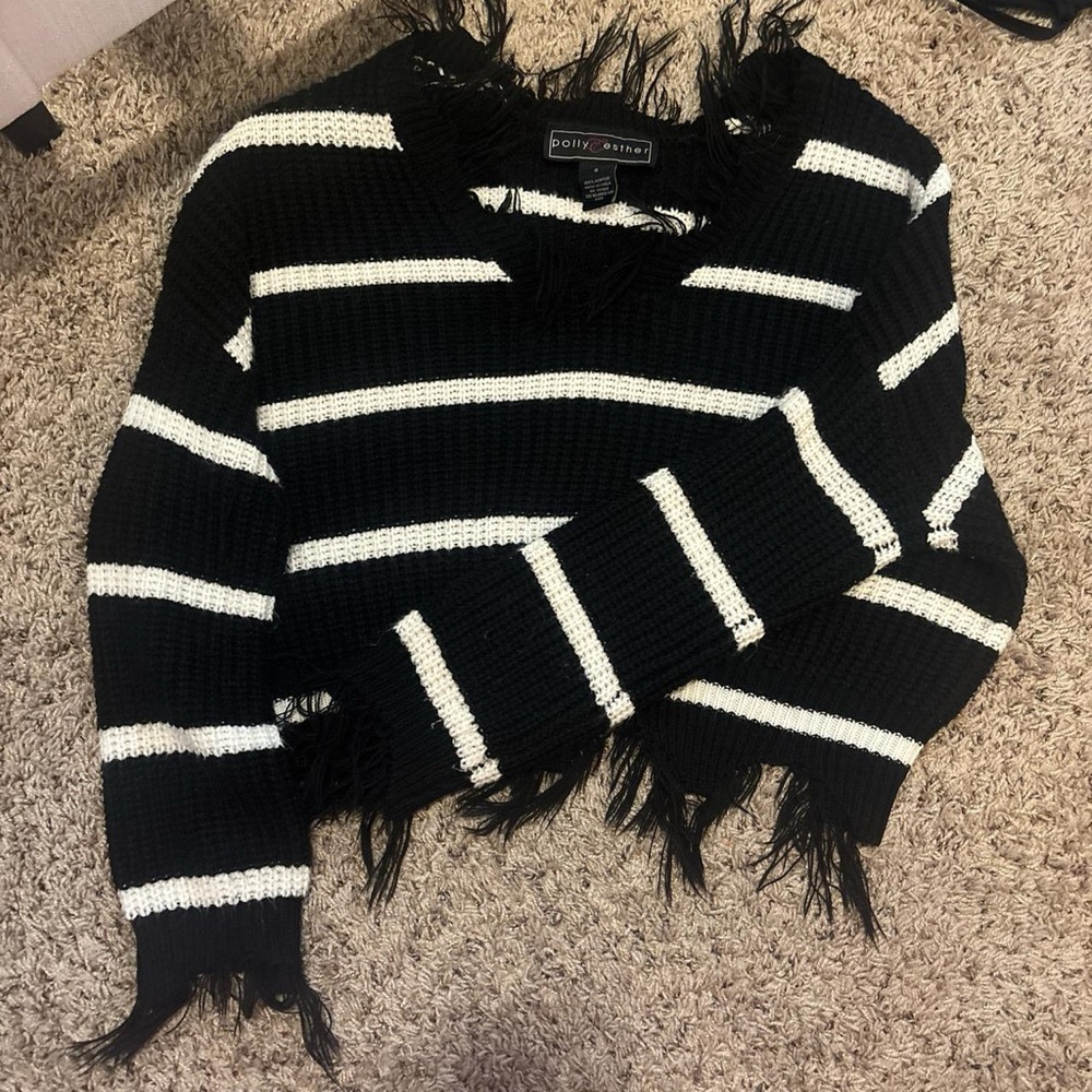 Black and White V-Neck Sweater with Fringe